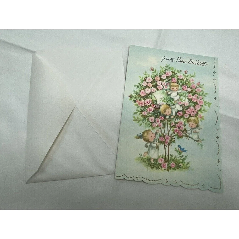 Vintage 60's Little angel in tree bluebird embossed Get Well greeting card *J11